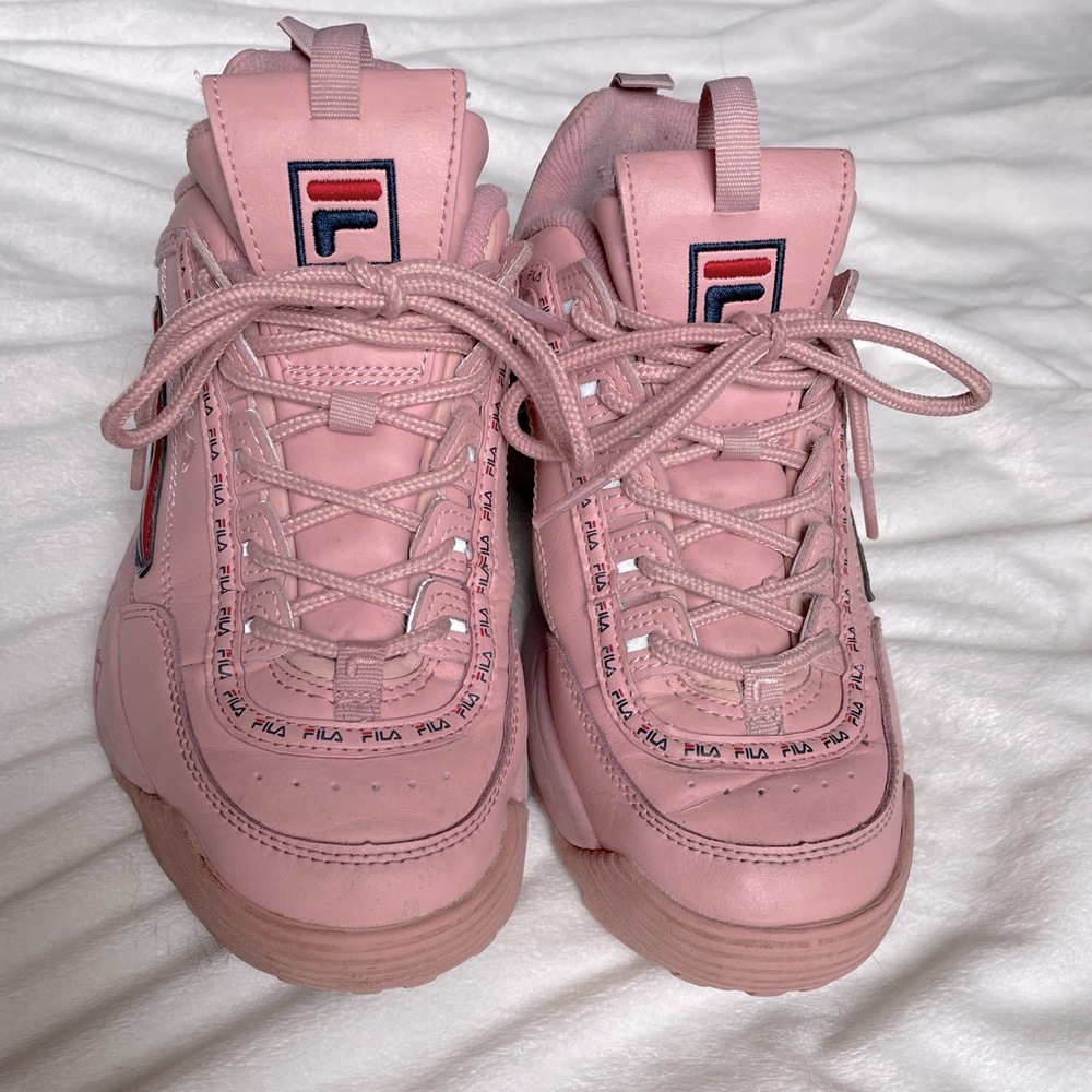 Fila Disruptor II Premium Pink All Over Logos 5FM00079-682 Women's Size 8
